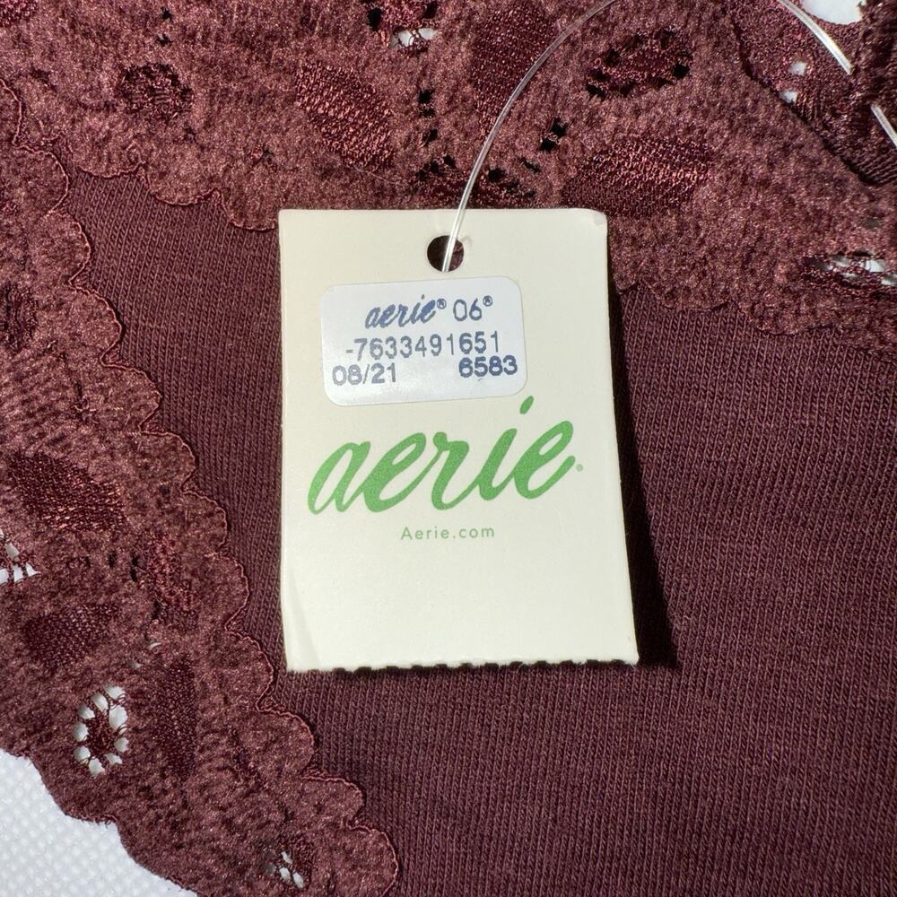 NWT AERIE Thong Sz XS Purple Burgundy Cotton Jersey Lace - Picture 3 of 5